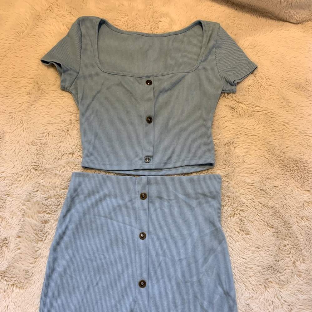 Robin Blue Ribbed Button Mini Skirt Set